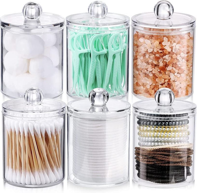 Topinon Topinon 6 Pack Qtip Holder Dispenser for Cotton Ball Cotton Swab Cotton Round Pads Floss 10 oz Clear Plastic Apothecary Jar Set for Bathroom Canister Storage Organization Vanity Makeup Organizer  - Image 1