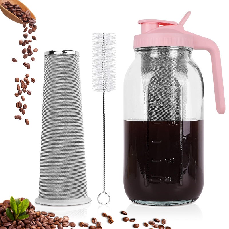 Cold Brew Coffee Maker64 oz Wide Mouth Mason Jar Pitcher with Stainless Steel Filter Pour Spout Handle Lid Heavy Duty Glass Airtight  LeakProof Pitcher for iced coffee  Tea LemonadePink