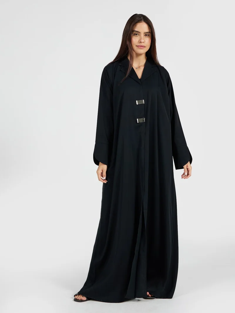 Reem Abayas Minimalist Black Abaya with Metallic Clasp Details - Chic Modest Gown