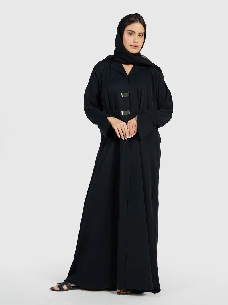 Reem Abayas Minimalist Black Abaya with Metallic Clasp Details - Chic Modest Gown