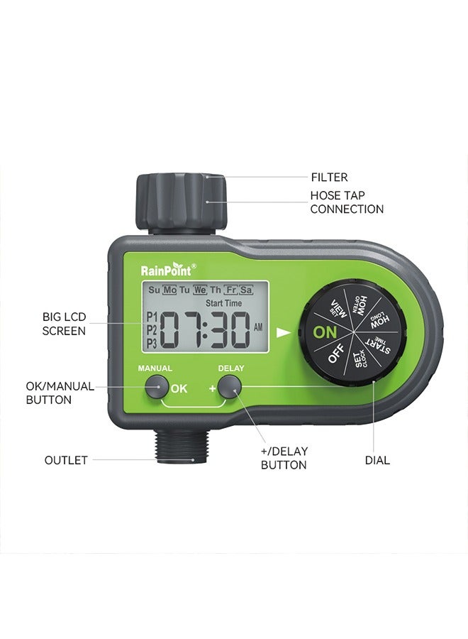 رTimer الري لرشاشات RAINPOINT، جهاز توقيت خرطوم مع 3 برامج فردية، مؤقت ماء لصنبور خرطوم الحديقة، نظام ري تلقائي/يدوي قابل للبرمجة، للري في أيام محددة أو يوميًا للعشب الخارجي - Image 2