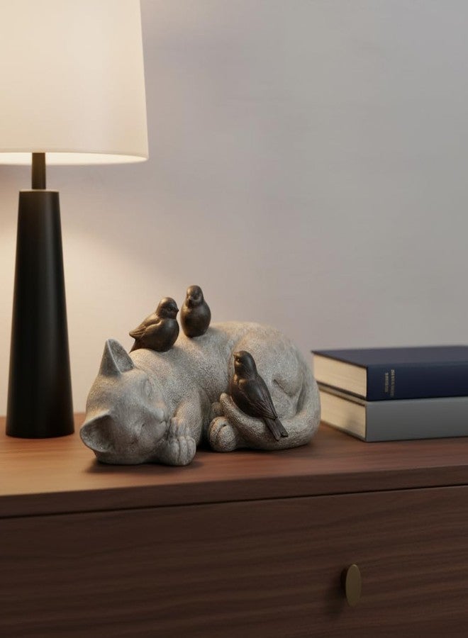 Comfy Hour تمثال قطة نائمة مع عصافير من كومفي آور، مقاس 12 بوصة، قطعة تذكارية للحديقة بتصميم حجري، مناسبة للأماكن الخارجية والداخلية، هدية مميزة لمحبي القطط، تمثال تذكاري للحيوانات الأليفة، قطعة واحدة - Image 5