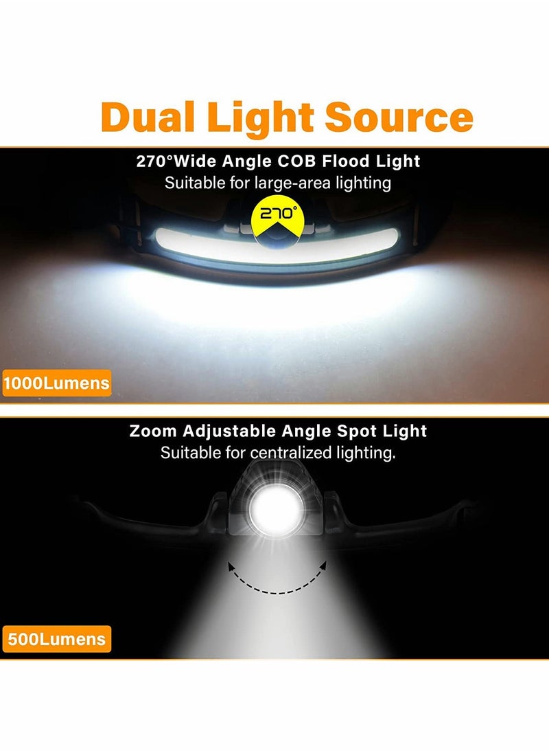 KASTWAVE - Headlamp Flashlight, 270° Wide Beam LED Headlamp 1000 Lumens Rechargeable Headlamp with 6 Modes&Motion Sensor IPX5 Waterproof Headlight for Camping Running Fishing, Hard Hat - Image 1