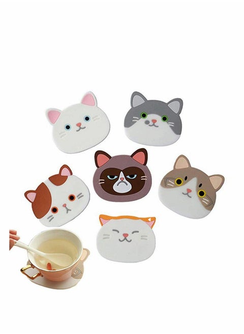 Drying Mat Silicone Multi-Use Cartoon Cat Pot Holders Trivet (Set of 6 Pack) Insulated Flexible Durable Non Slip Hot Pads and Coasters Cup Mats Rubber Coaster for Winss, Tea
