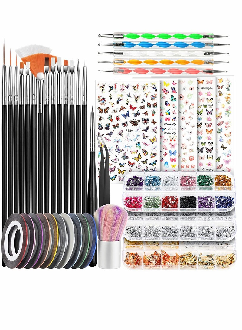 Creative Nail Art Brush Set with Dotting Tools Glitter Sequins Foil Flakes and Rhinestones for Stunning Nail Designs - Image 1