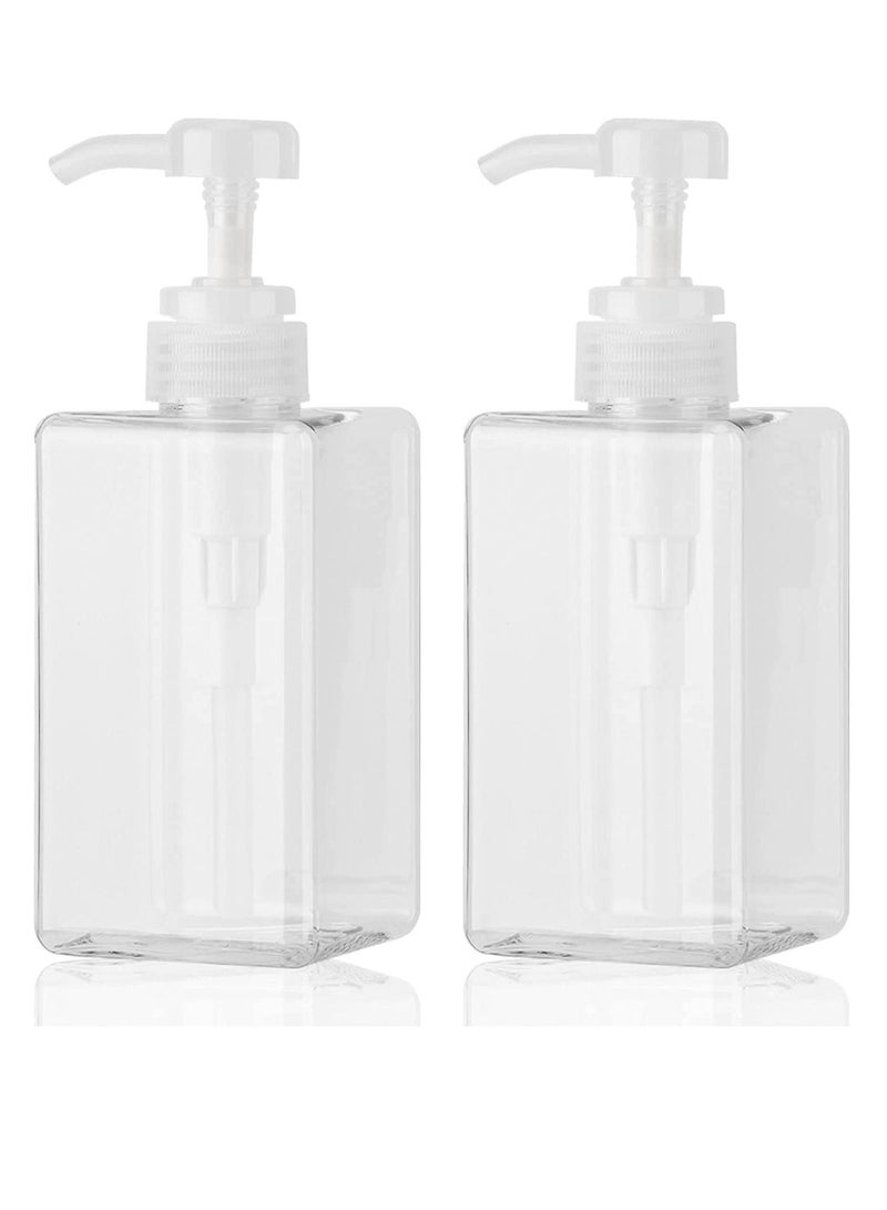 Pump Bottle Dispenser Refillable Square Plastic Lotion Empty for Essential Oil Soap Shampoo, Bathroom Kitchen Travel , 2Pack 450ml Clear - Image 1