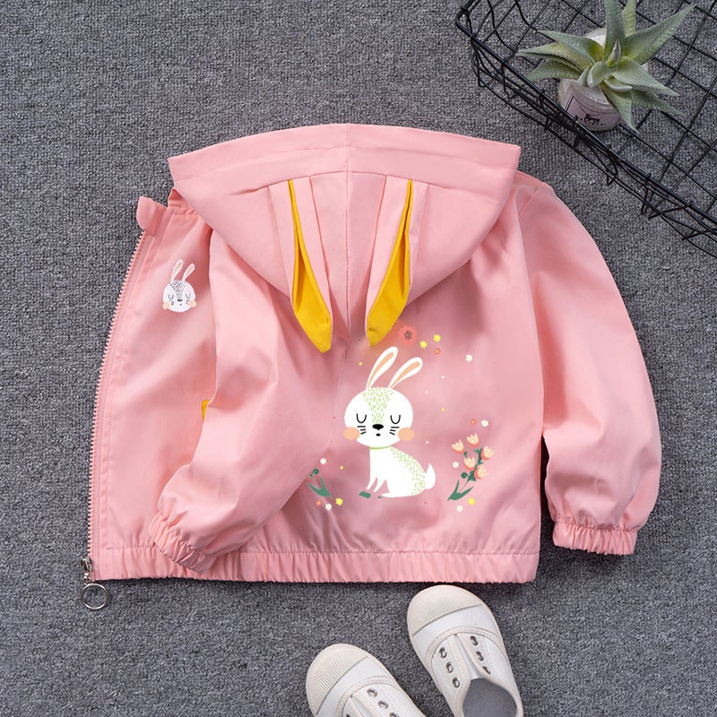 Childrens Coat Hooded Top Girls Cartoon Cardigan Candy Color Baby Girls Hooded Zipper Shirt Cute Rabbit Pink 15 