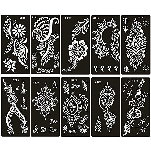 XMASIR Pack of 10 Airbrush Henna Tattoo Stencil for Women Hand Finger Face Body Painting Kids Glitter Tattoo Templates 18 X 8.5cm - Image 1