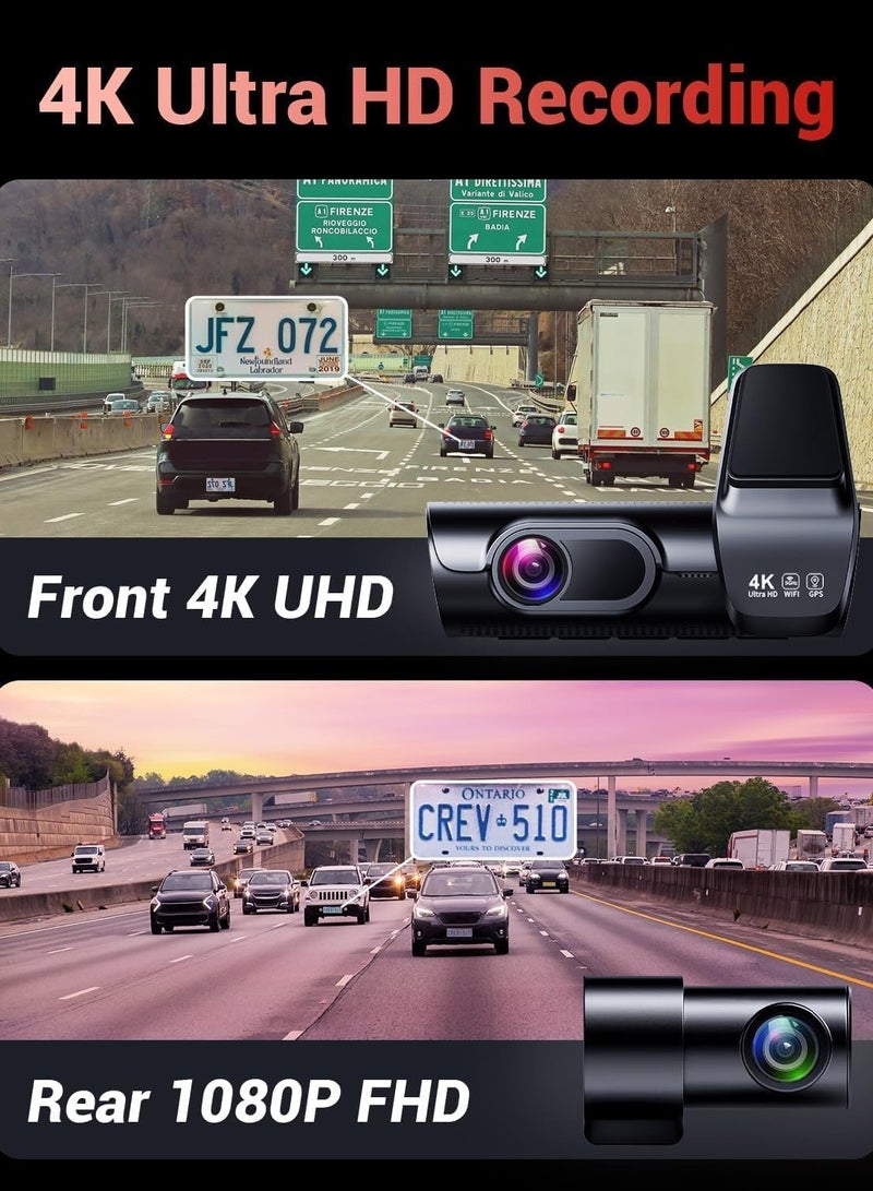 4K كاميرا داش أمامية وخلفية بدقة 8 ميجابكسل، شاشة IPS مقاس 3.59 بوصة، مزودة بGPS وWiFi 5G، كاميرا داش للسيارات مع تطبيق، رؤية ليلية بدقة 2160P UHD، مع بطاقة SD 128G مجانًا، زاوية واسعة 170°، HDR، ADAS، وضع انتظار 24 ساعة. - Image 3