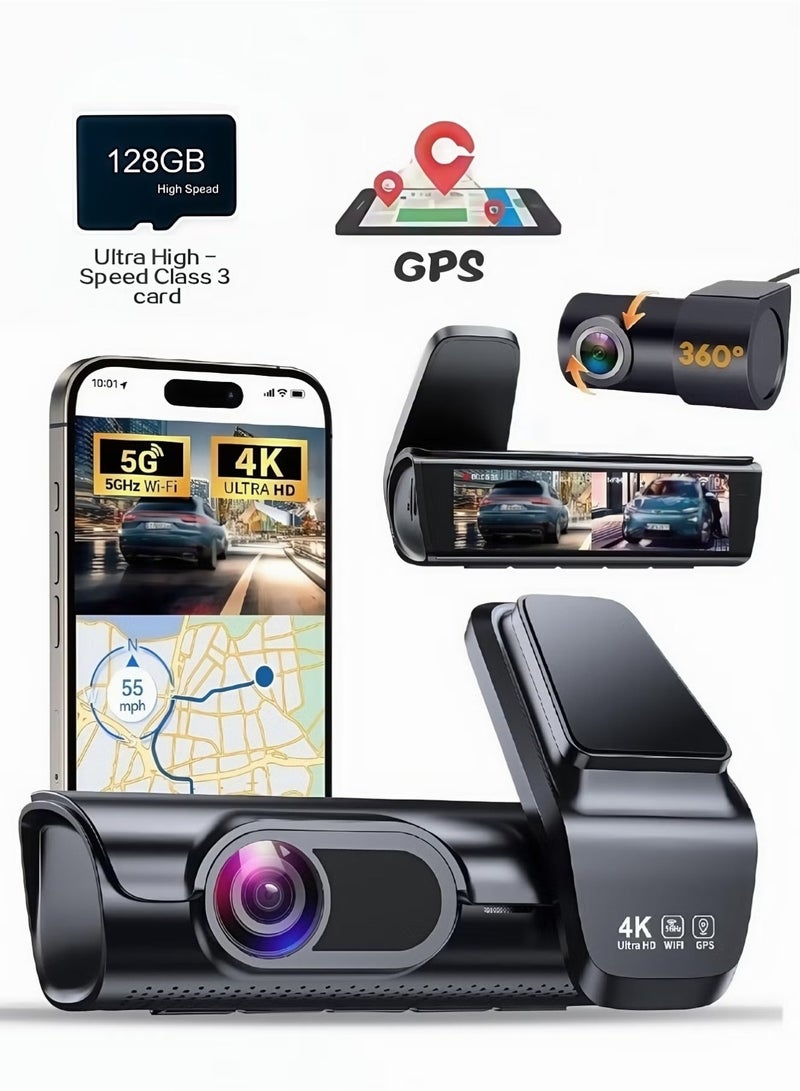 4K كاميرا داش أمامية وخلفية بدقة 8 ميجابكسل، شاشة IPS مقاس 3.59 بوصة، مزودة بGPS وWiFi 5G، كاميرا داش للسيارات مع تطبيق، رؤية ليلية بدقة 2160P UHD، مع بطاقة SD 128G مجانًا، زاوية واسعة 170°، HDR، ADAS، وضع انتظار 24 ساعة. - Image 1