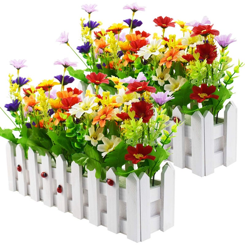 XONOR Artificial Flower Plants  Mixed Color Daisies in Picket Fence Pot for Indoor Office Wedding Home Decor 2 Sets