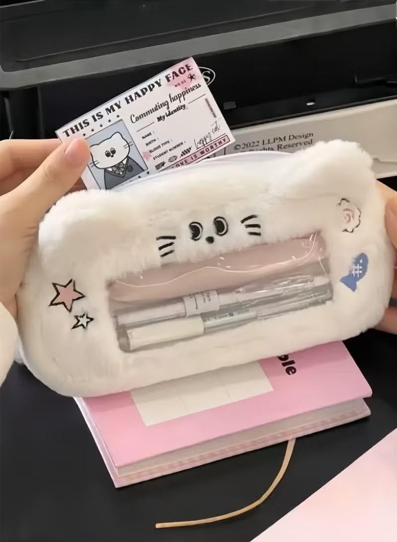 حافظة أقلام رصاص للبنات، حقيبة أقلام رصاص كهدية لطيفة، سعة كبيرة بتصميم قطة لطيفة من القطيفة مناسبة للطلاب، بما في ذلك النجوم الوردية، تصميم بنمط أذن القطة، صندوق حقيبة أقلام رصاص كهدية لطيفة. - Image 1