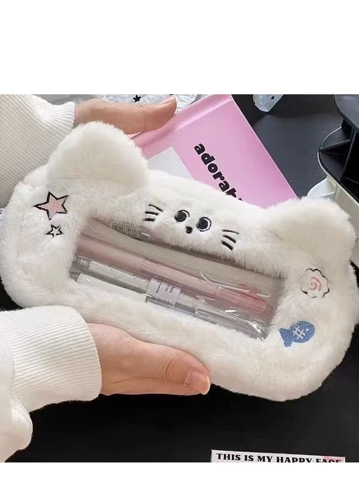 حافظة أقلام رصاص للبنات، حقيبة أقلام رصاص كهدية لطيفة، سعة كبيرة بتصميم قطة لطيفة من القطيفة مناسبة للطلاب، بما في ذلك النجوم الوردية، تصميم بنمط أذن القطة، صندوق حقيبة أقلام رصاص كهدية لطيفة. - Image 2