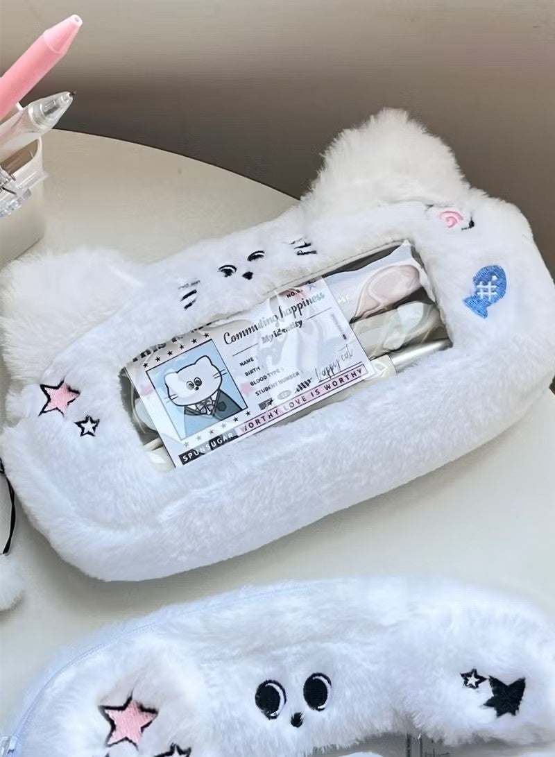 حافظة أقلام رصاص للبنات، حقيبة أقلام رصاص كهدية لطيفة، سعة كبيرة بتصميم قطة لطيفة من القطيفة مناسبة للطلاب، بما في ذلك النجوم الوردية، تصميم بنمط أذن القطة، صندوق حقيبة أقلام رصاص كهدية لطيفة. - Image 3