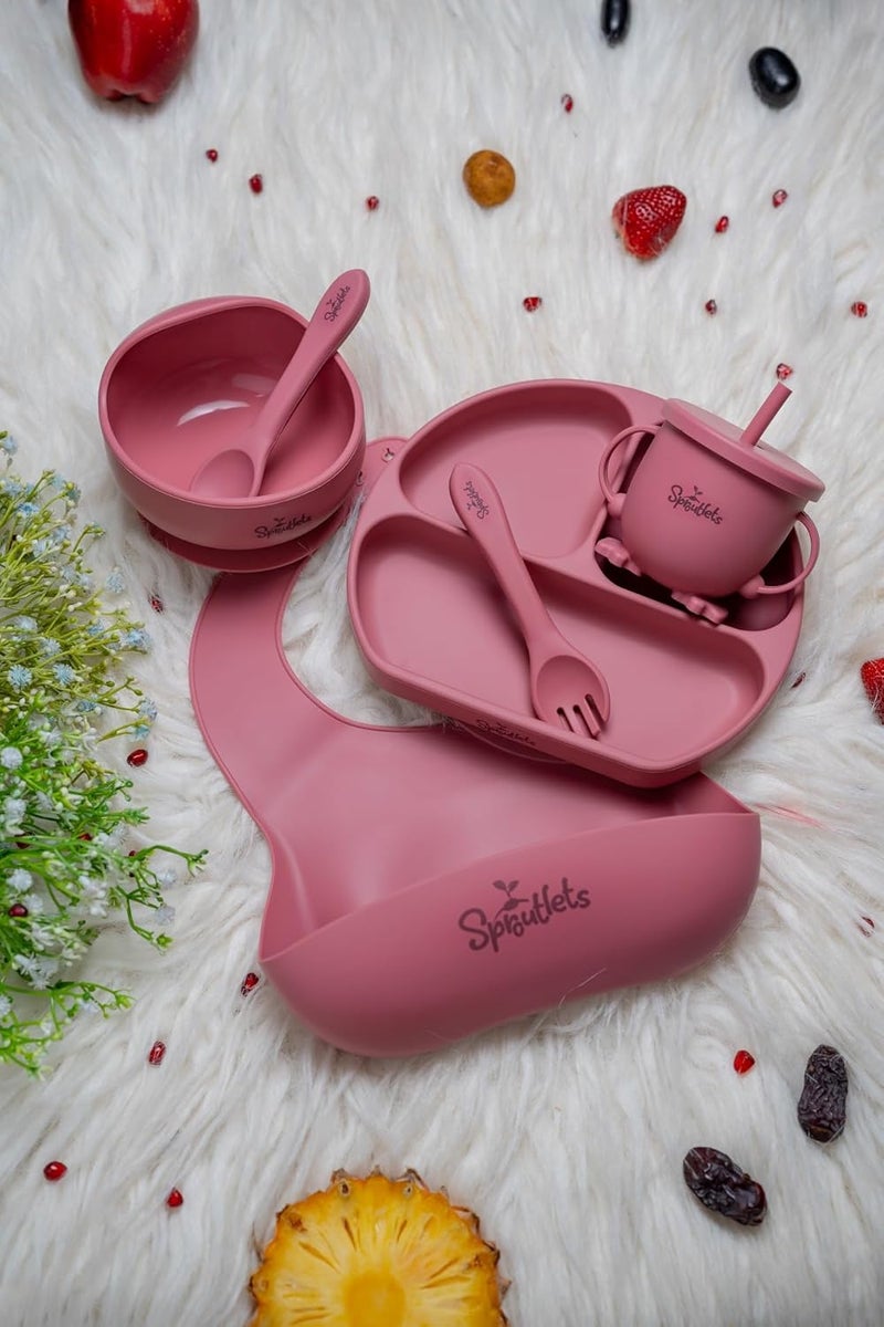 Sproutlets Silicone Feeding Set, 6-Piece Baby Led Weaning Set - Suction Plate, Bear Bowl, Cup, Spoon, Fork and Bib - BPA Free (Wine Red) - Image 1
