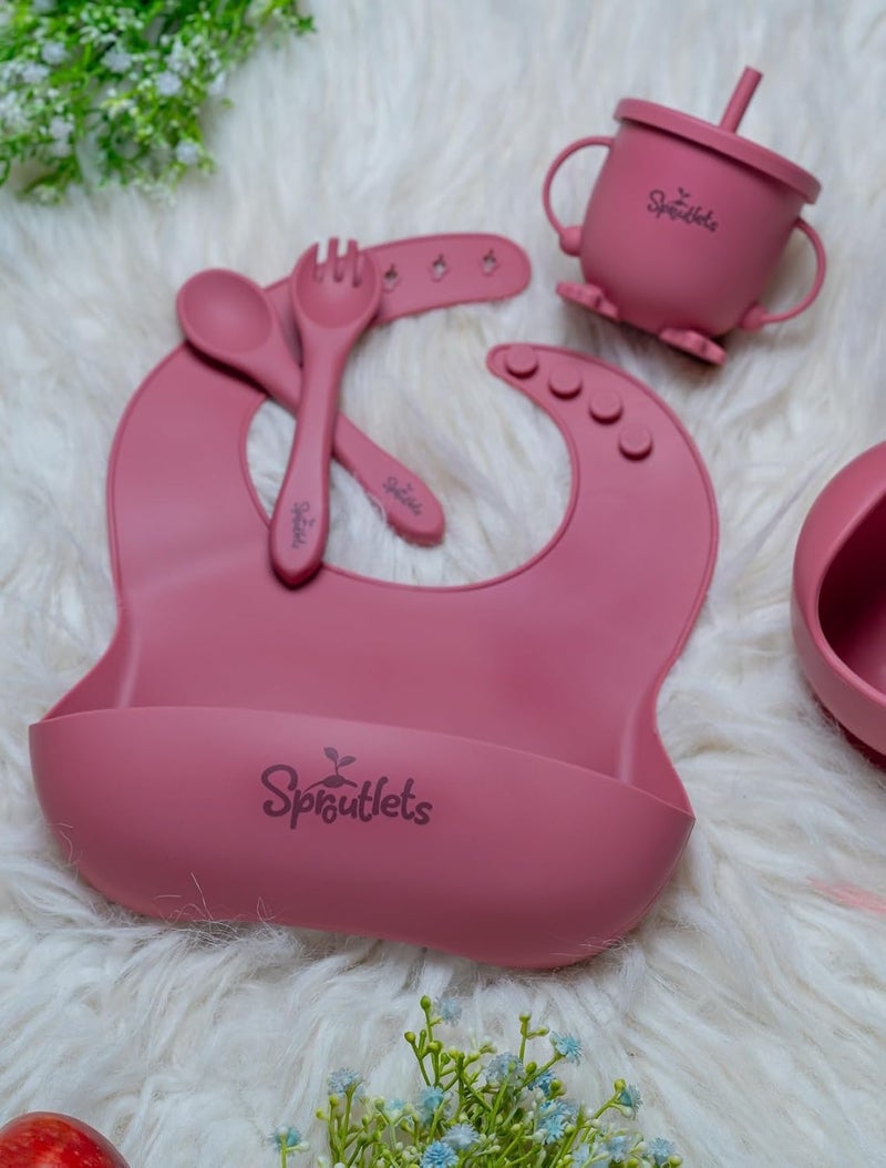 Sproutlets Silicone Feeding Set, 6-Piece Baby Led Weaning Set - Suction Plate, Bear Bowl, Cup, Spoon, Fork and Bib - BPA Free (Wine Red) - Image 2