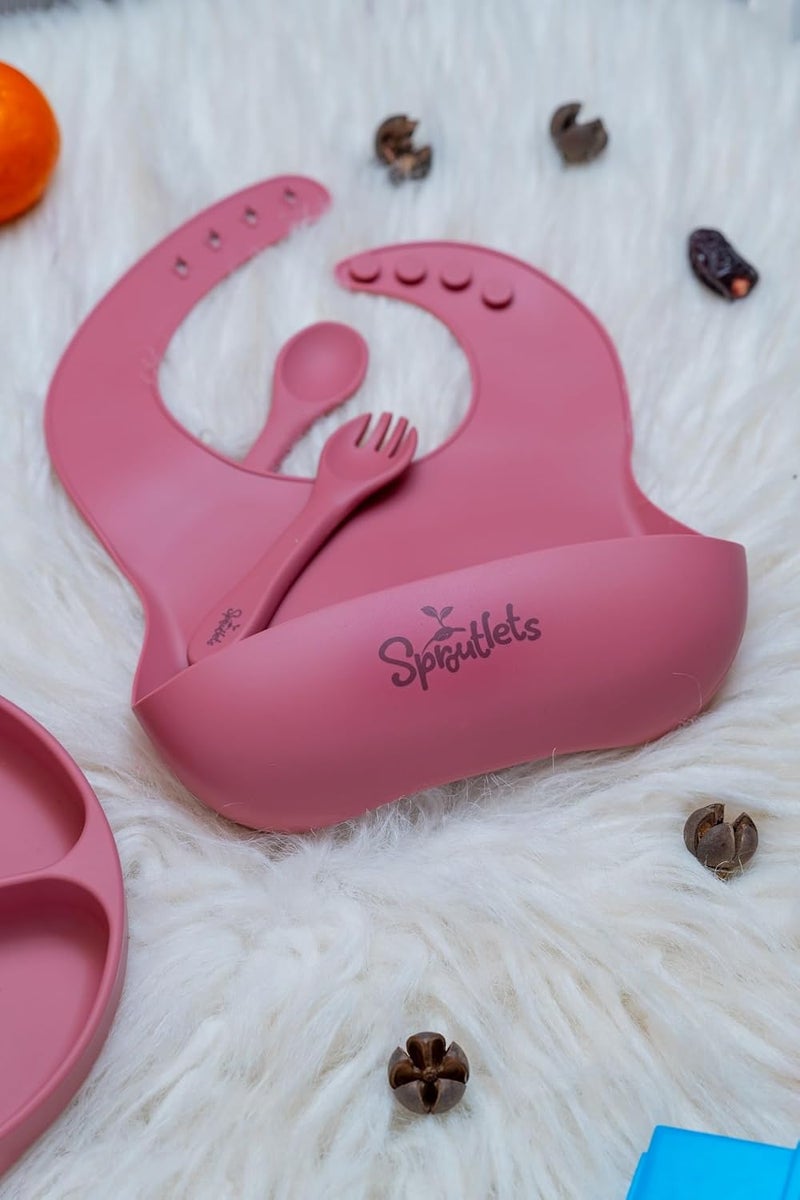 Sproutlets Silicone Feeding Set, 6-Piece Baby Led Weaning Set - Suction Plate, Bear Bowl, Cup, Spoon, Fork and Bib - BPA Free (Wine Red) - Image 5