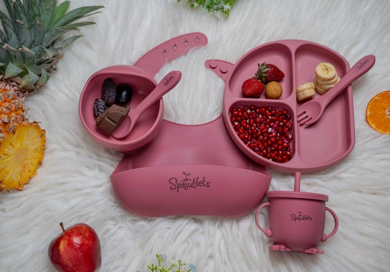 Sproutlets Silicone Feeding Set, 6-Piece Baby Led Weaning Set - Suction Plate, Bear Bowl, Cup, Spoon, Fork and Bib - BPA Free (Wine Red) - Image 4