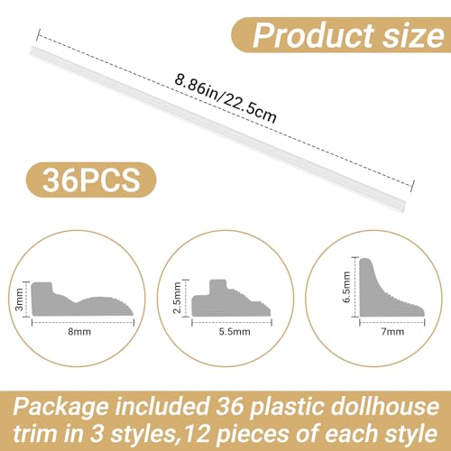 KishYa 36 Pcs Miniature Dollhouse Trim Dollhouse Accessories 3 Styles on 1 12 Scale 886 Long Plastic Dollhouse Trims Finishing Corner - Image 5