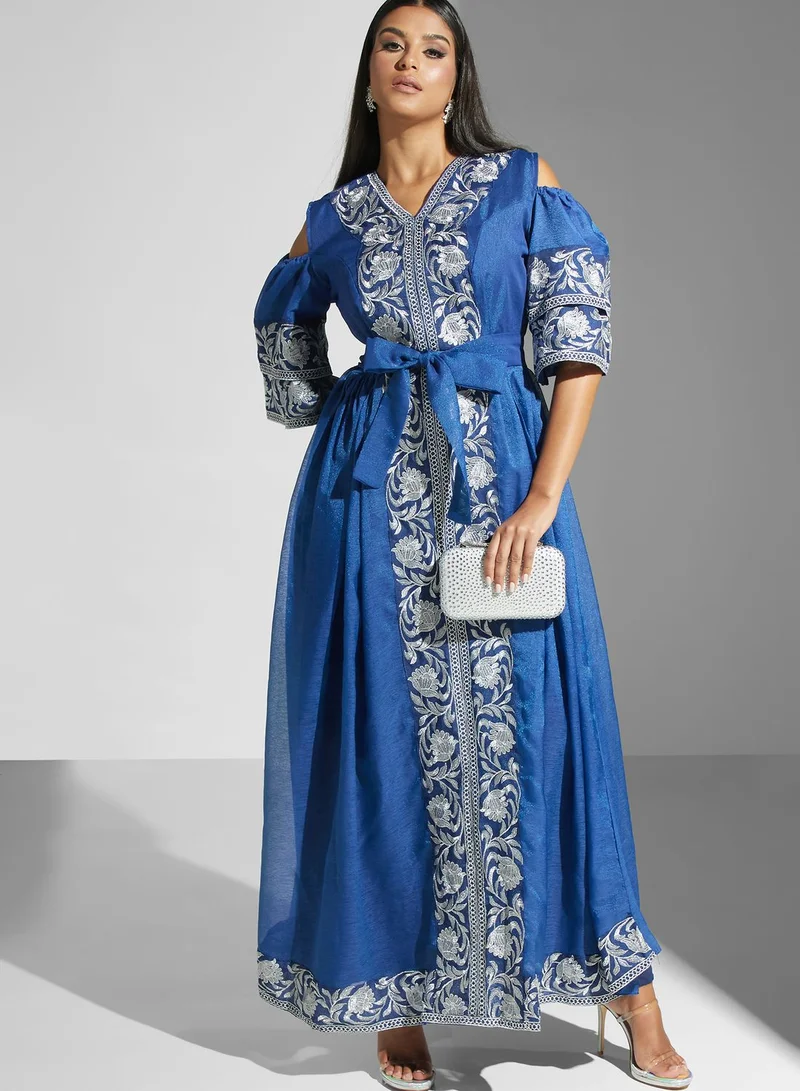 hayas closet Ruffle Sleeve Belted Embellished Dress