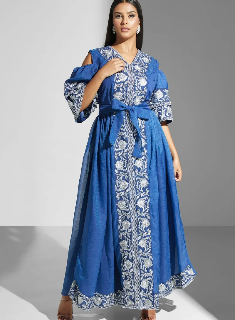 hayas closet Ruffle Sleeve Belted Embellished Dress