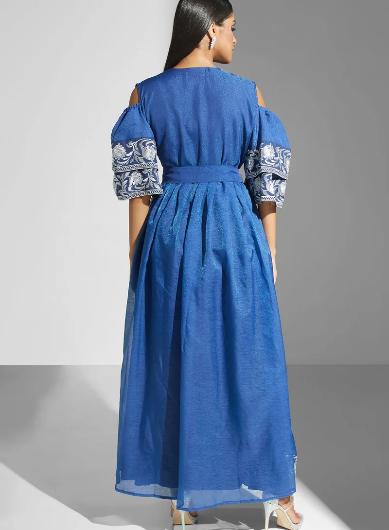 hayas closet Ruffle Sleeve Belted Embellished Dress