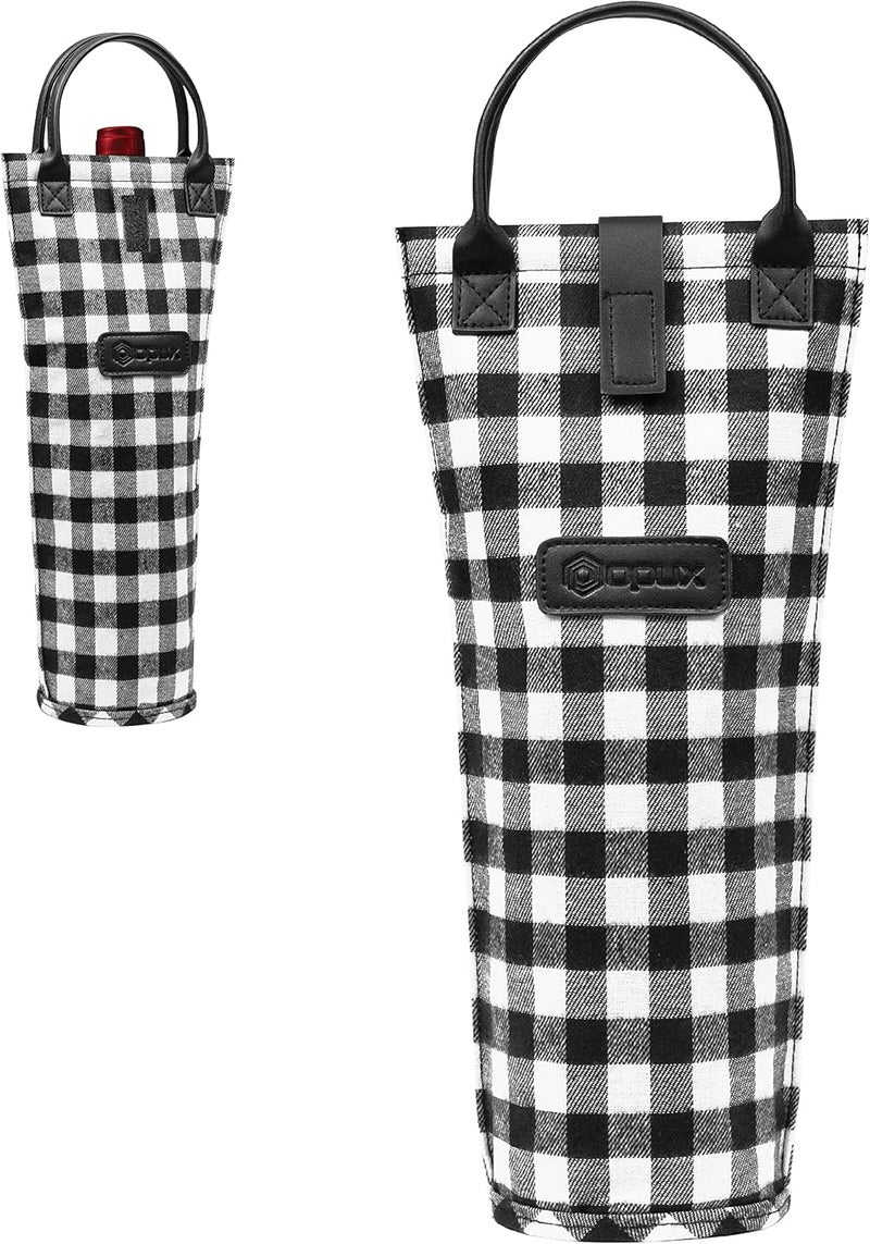 OPUX Wine Bag Single Bottle Carrier Tote, Insulated Travel Wine Cooler Bag for Picnic Beach Gift, Thermal Padded Portable One Bottle Holder Carrying Case for Women Men Wine Lovers, Plaid Buffalo White - Image 1