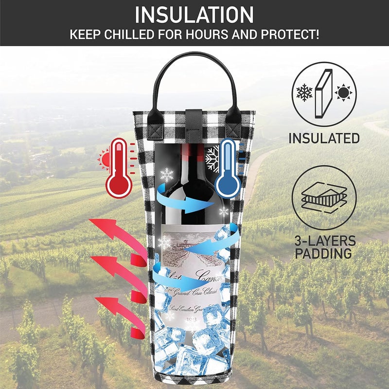 OPUX Wine Bag Single Bottle Carrier Tote, Insulated Travel Wine Cooler Bag for Picnic Beach Gift, Thermal Padded Portable One Bottle Holder Carrying Case for Women Men Wine Lovers, Plaid Buffalo White - Image 2