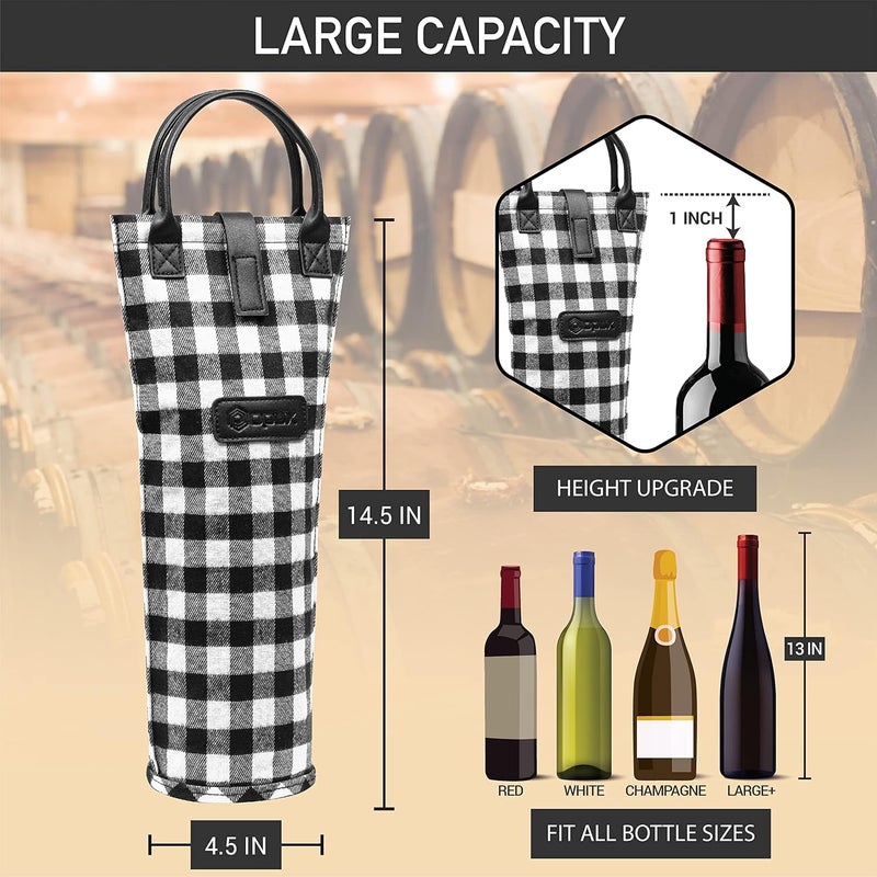 OPUX Wine Bag Single Bottle Carrier Tote, Insulated Travel Wine Cooler Bag for Picnic Beach Gift, Thermal Padded Portable One Bottle Holder Carrying Case for Women Men Wine Lovers, Plaid Buffalo White - Image 3