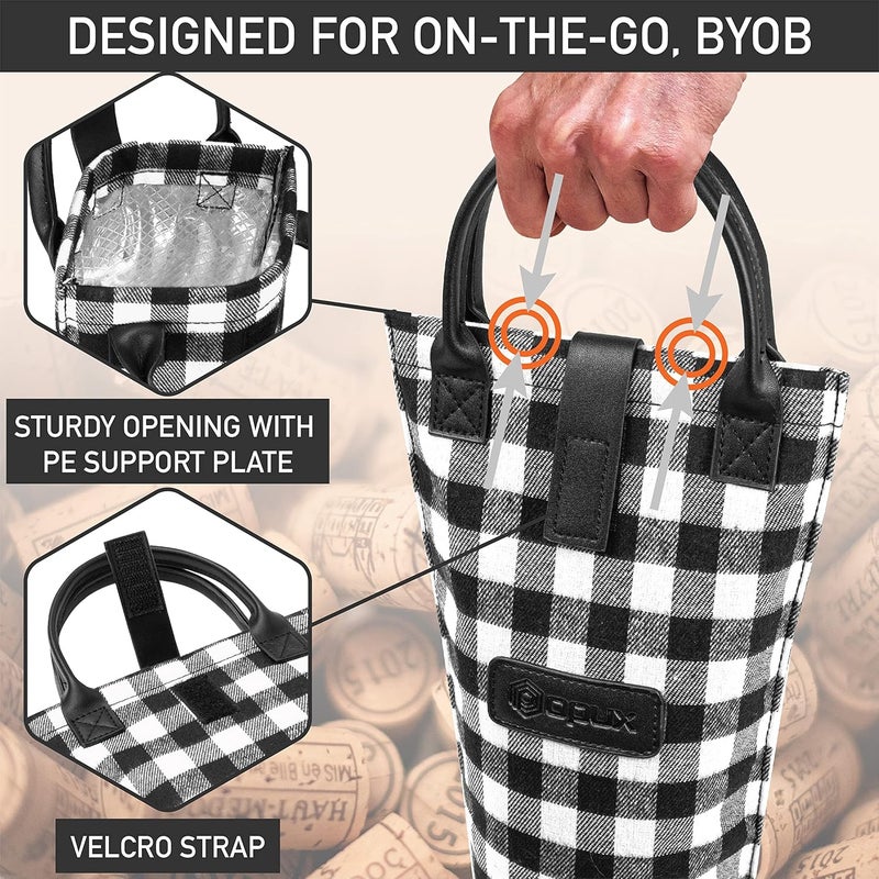 OPUX Wine Bag Single Bottle Carrier Tote, Insulated Travel Wine Cooler Bag for Picnic Beach Gift, Thermal Padded Portable One Bottle Holder Carrying Case for Women Men Wine Lovers, Plaid Buffalo White - Image 4
