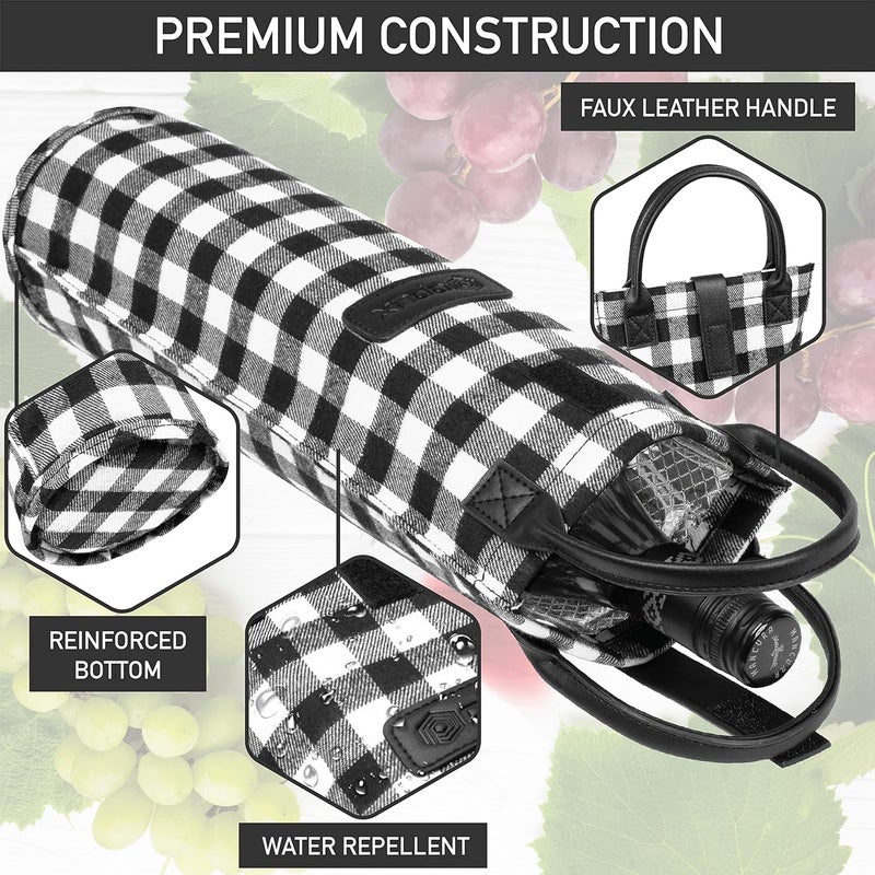 OPUX Wine Bag Single Bottle Carrier Tote, Insulated Travel Wine Cooler Bag for Picnic Beach Gift, Thermal Padded Portable One Bottle Holder Carrying Case for Women Men Wine Lovers, Plaid Buffalo White - Image 5