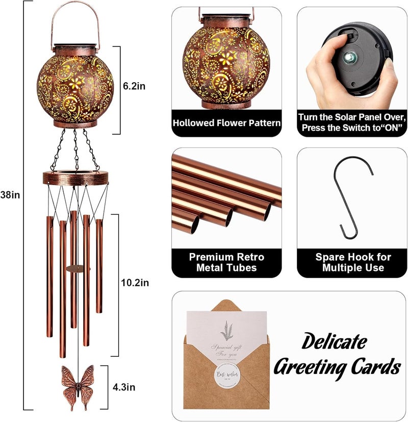 YHmall Wind Chimes for Outside Butterfly Solar Lantern, 38" Flower Gifts for Mom Hanging Solar Wind Chimes for Outside Lights, Garden Decor Wind Chime, Christmas Windchimes Outdoors Gifts for Women - Image 3
