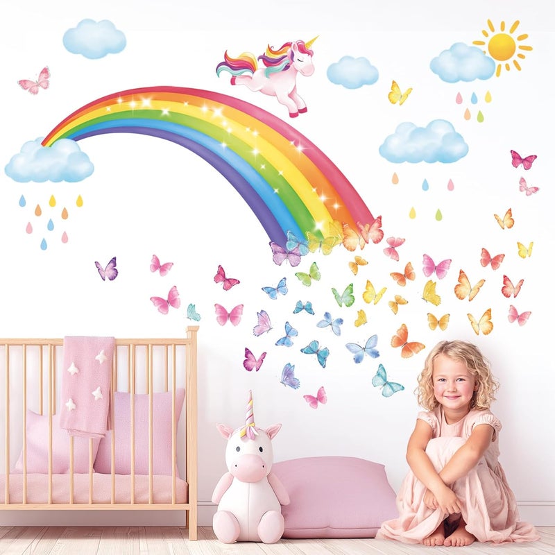 Decowall ملصقات حائط قوس قزح وحيد القرن من DECOWALL SG22309 ملصقات ملونة للأطفال قابلة للإزالة لغرف نوم الفتيات وزينة المنزل - Image 3
