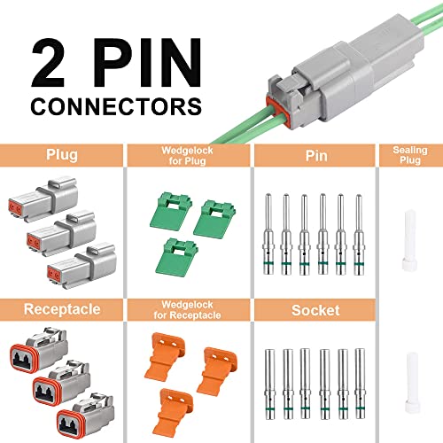 JRready ST6112 DT Connector 2 Pin Gray Waterproof Electrical Wire Connector DT04-2P DT06-2S with Deutsch Solid Contacts 14-20 AWG and Sealing Plugs,3 Sets - Image 2