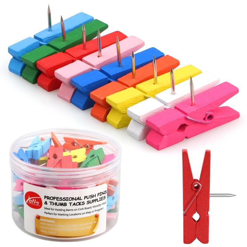 Yalis Wooden Push Pin Clips 50 Pcs Pins Clips Creative Paper Clips with Pins for Cork Board and Photo Wall No Holes for The Paper