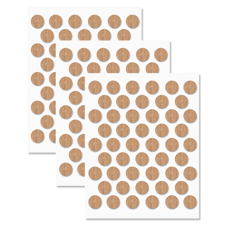 UNMAR Oak Self-Adhesive Screw Hole Stickers - 150 Pcs. 0.55 Inch / 14 Mm Peel Stick Dust Proof Tape, Water Resistance Pvc Caps For Wood Cabinets, Furniture, Drawer, Wardrobe, Kitchen, Table - Image 1