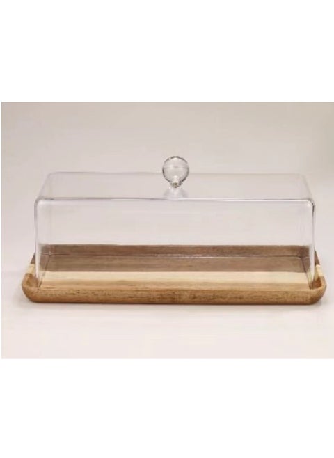 صحن كيك بلاستيك خشبي بغطاء شفاف  33X14X12 سم