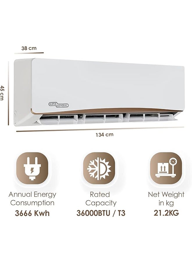 SUPER GENERAL 3 Ton Split Air Conditioner, 36000 Btu, Rotary Compressor, Auto Restart, Gold Fin, 4-Way Swing - 134 X 45 X 38 Cm, 1 Year Warranty SGS365GE White - Image 2