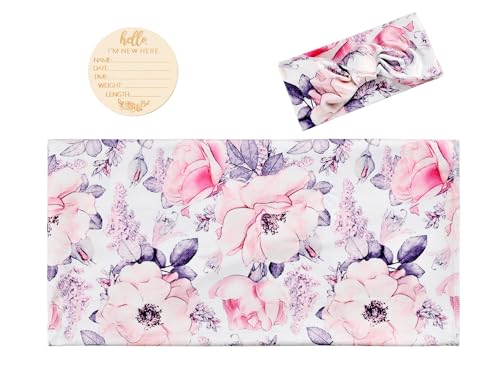 Vollmic Newborn Baby Girl Receiving Blanket Swaddle Blanket Stretchy Knit Swaddle Set with Matching Headband and Beanie (Ink Pink) - Image 2