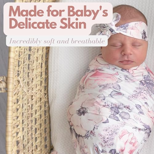 Vollmic Newborn Baby Girl Receiving Blanket Swaddle Blanket Stretchy Knit Swaddle Set with Matching Headband and Beanie (Ink Pink) - Image 4