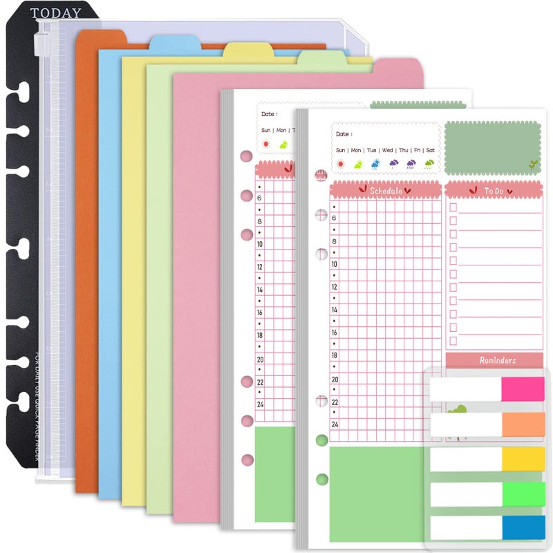 Rancco A6 Planner Inserts Daily Planner Refills, 90 Pages Colorful 6-Ring Loose-leaf Binder Inserts w/Divider, PVC Pouch, Ruler, Index Tab for Journal, Filofax, Double-sided, Undated,6.9x3.7"