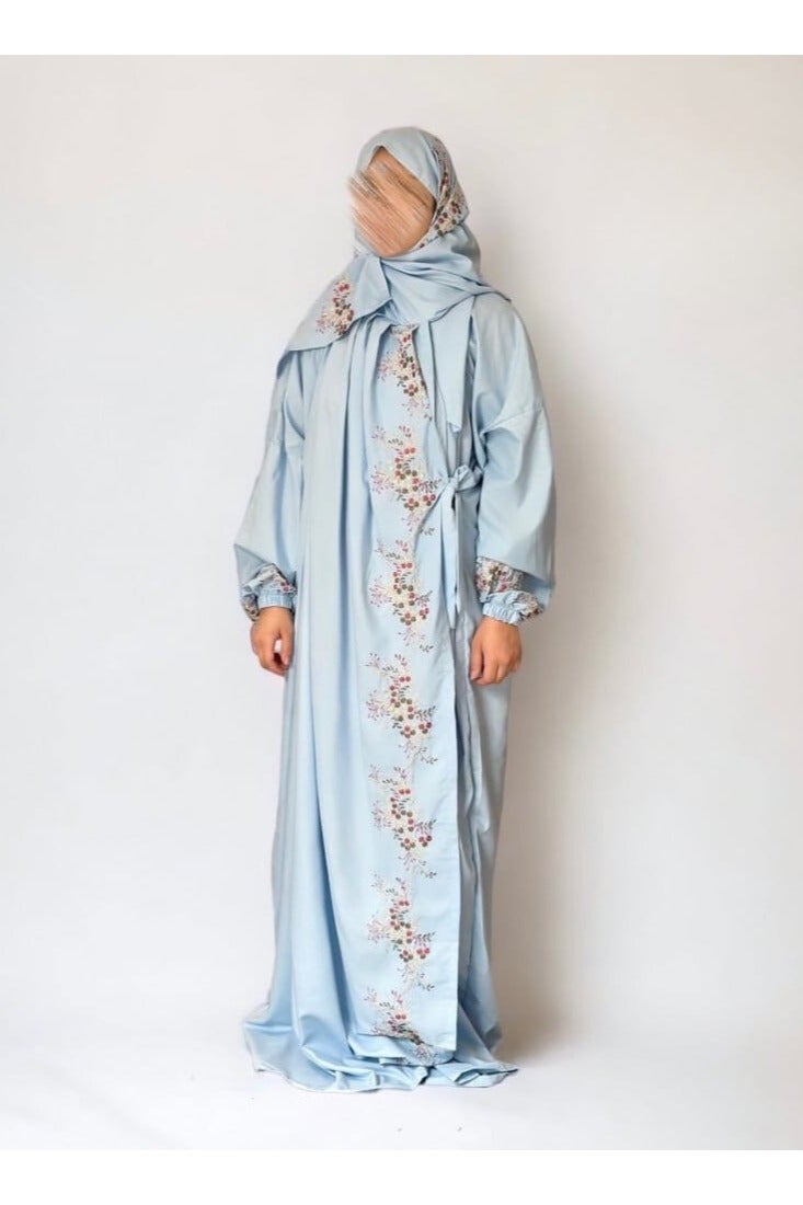 LoveHome Ultra soft and comfortable prayer sheet embroidered with small floral designs, one piece, includes a veil, and covers the entire body in a one-size-fits-all, wide-fitting size - Sky Blue - Image 1