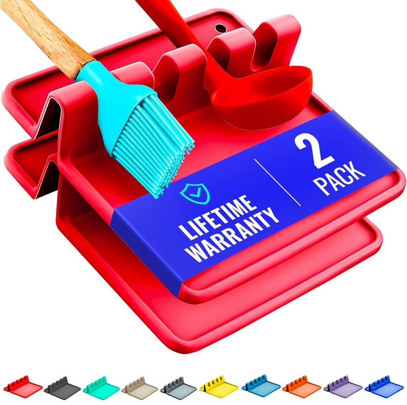 Red Silicone Spoon Rest for Stove Top with Drip Pad Two Pack  HeatResistant BPAFree Utensil Rest  Spoon Holder for Kitchen Counter  Grill Utensil Holder for Spatulas Tongs Ladles
