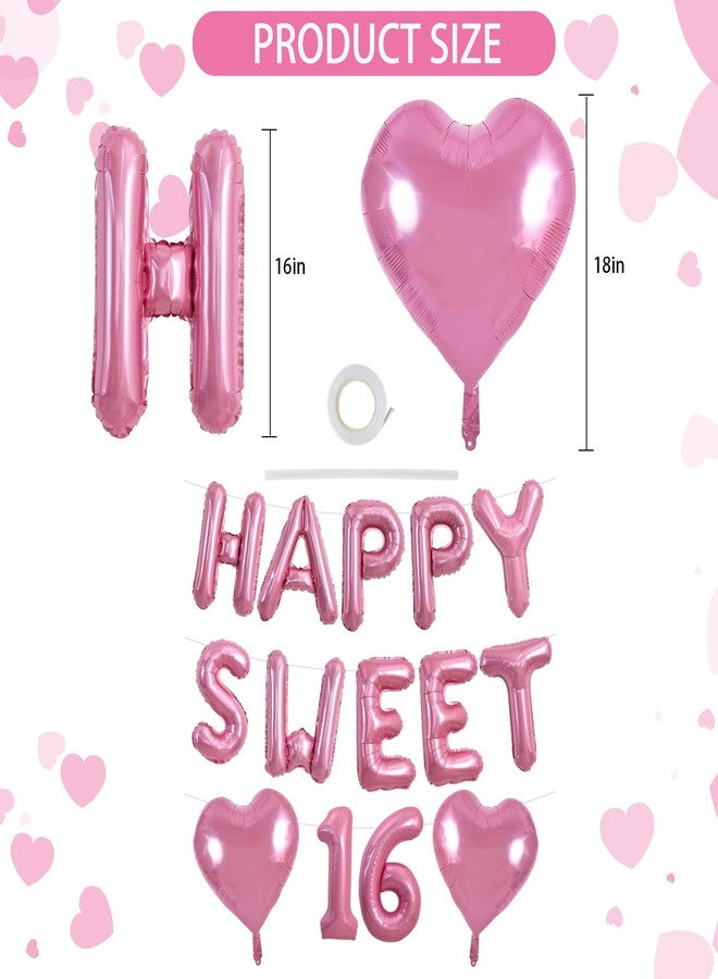TONIFUL 16 Inch HAPPY SWEET 16 Balloons Banner Pink with 2Pcs 18Inch Pink Heart Balloons 16th Birthday Party Decorations Sign Happy 16th Birthday Balloons for Women, Girls Celebration Party Supplies - Image 2