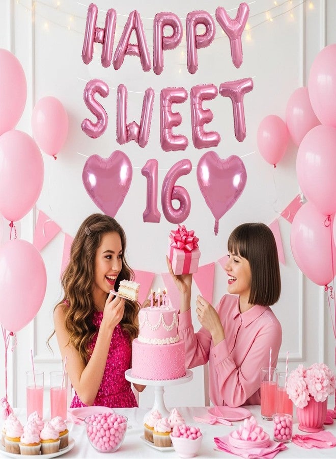 TONIFUL 16 Inch HAPPY SWEET 16 Balloons Banner Pink with 2Pcs 18Inch Pink Heart Balloons 16th Birthday Party Decorations Sign Happy 16th Birthday Balloons for Women, Girls Celebration Party Supplies - Image 4
