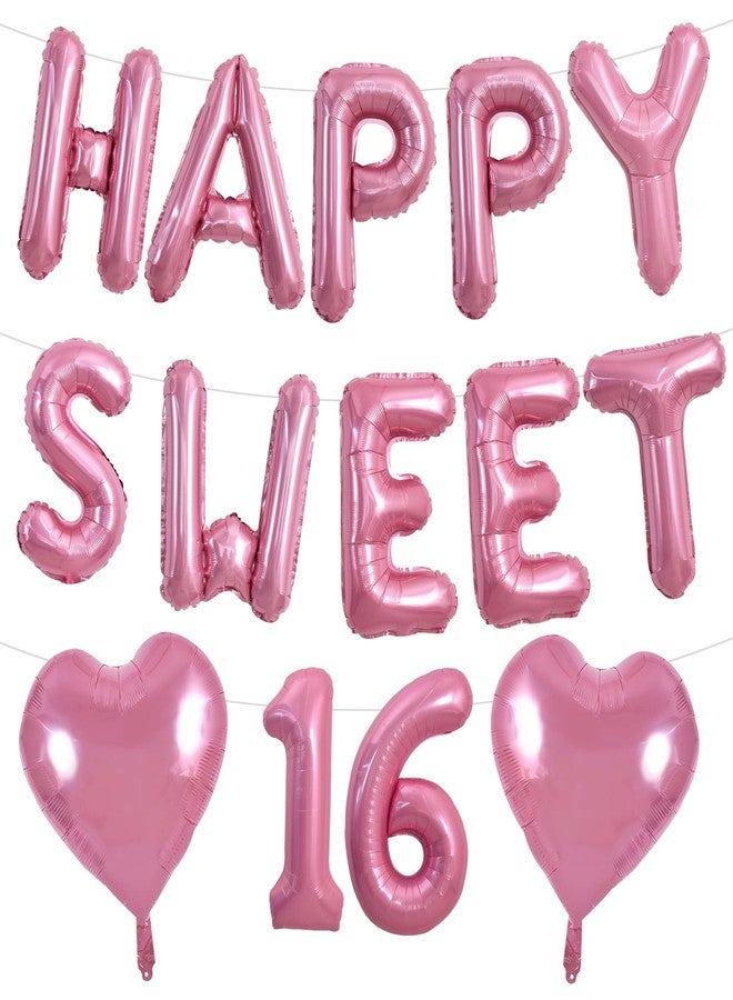 TONIFUL 16 Inch HAPPY SWEET 16 Balloons Banner Pink with 2Pcs 18Inch Pink Heart Balloons 16th Birthday Party Decorations Sign Happy 16th Birthday Balloons for Women, Girls Celebration Party Supplies - Image 1