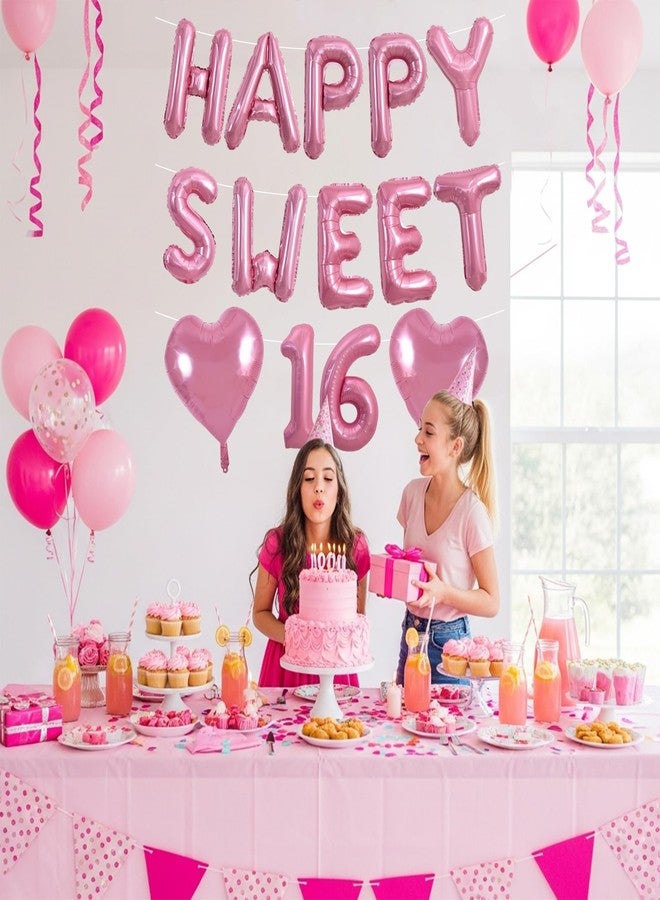 TONIFUL 16 Inch HAPPY SWEET 16 Balloons Banner Pink with 2Pcs 18Inch Pink Heart Balloons 16th Birthday Party Decorations Sign Happy 16th Birthday Balloons for Women, Girls Celebration Party Supplies - Image 3