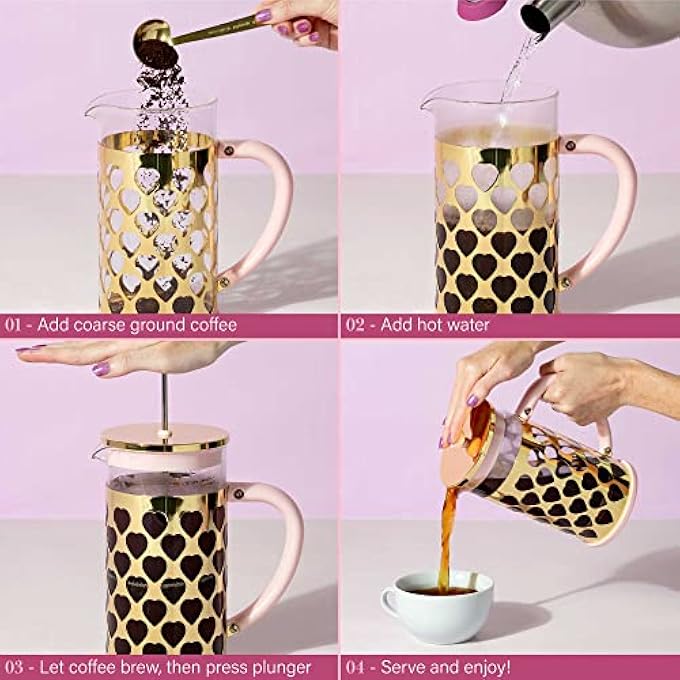 باريس هيلتون ماكينة تحضير قهوة فرنسية مع مغرفة قياس على شكل قلب، طقم من قطعتين، سعة 8 أكواب أو 34 أونصة، لون وردي - Image 5