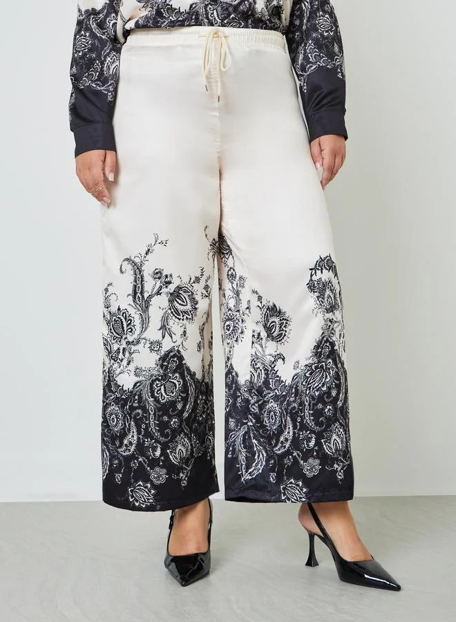 Styli Plus Size Paisley Print Pants with Drawstring