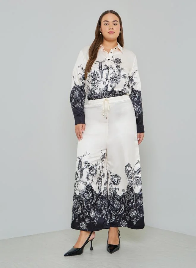 Styli Plus Size Paisley Print Pants with Drawstring